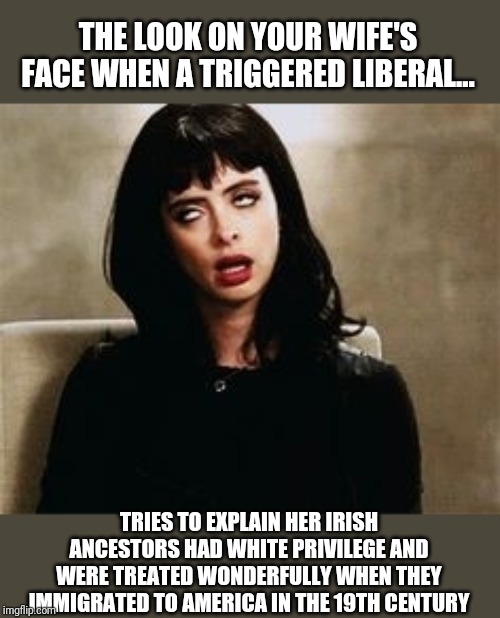 Giving a shout out to folks whose Irish ancestors never had their grievances resolved | THE LOOK ON YOUR WIFE'S FACE WHEN A TRIGGERED LIBERAL... TRIES TO EXPLAIN HER IRISH ANCESTORS HAD WHITE PRIVILEGE AND WERE TREATED WONDERFULLY WHEN THEY IMMIGRATED TO AMERICA IN THE 19TH CENTURY | image tagged in eye roll | made w/ Imgflip meme maker