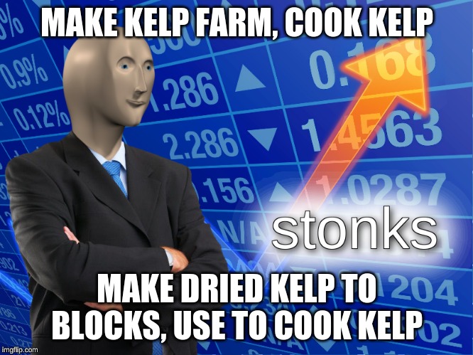How to make Stonks in minecraft | MAKE KELP FARM, COOK KELP; MAKE DRIED KELP TO BLOCKS, USE TO COOK KELP | image tagged in stonks | made w/ Imgflip meme maker