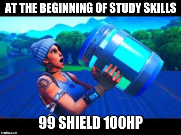 AT THE BEGINNING OF STUDY SKILLS; 99 SHIELD 100HP | image tagged in fortnite | made w/ Imgflip meme maker
