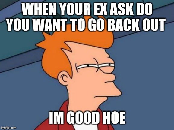 Futurama Fry | WHEN YOUR EX ASK DO YOU WANT TO GO BACK OUT; IM GOOD HOE | image tagged in memes,futurama fry | made w/ Imgflip meme maker