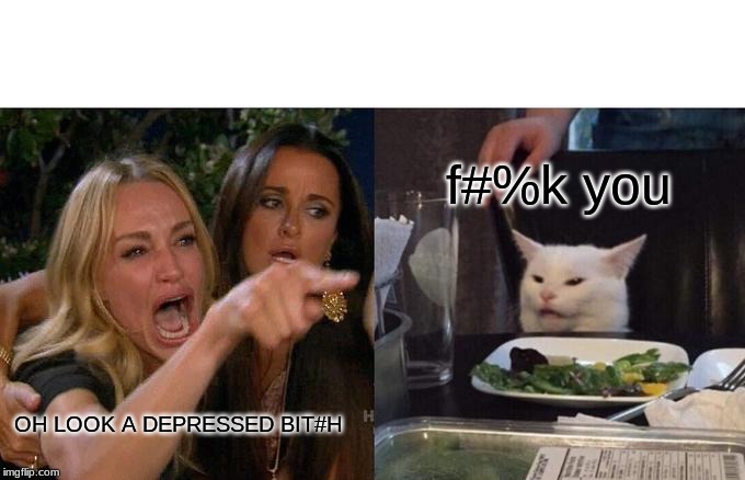 Woman Yelling At Cat Meme | f#%k you; OH LOOK A DEPRESSED BIT#H | image tagged in memes,woman yelling at cat | made w/ Imgflip meme maker