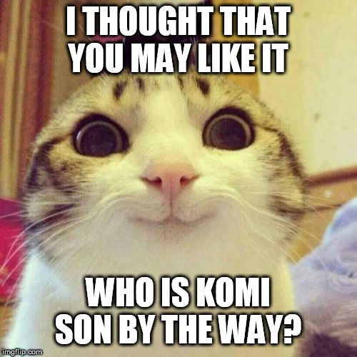 Smiling Cat Meme | I THOUGHT THAT YOU MAY LIKE IT WHO IS KOMI SON BY THE WAY? | image tagged in memes,smiling cat | made w/ Imgflip meme maker