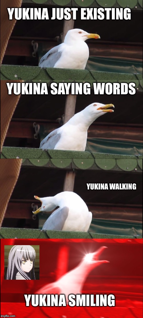 Inhaling Seagull | YUKINA JUST EXISTING; YUKINA SAYING WORDS; YUKINA WALKING; YUKINA SMILING | image tagged in memes,inhaling seagull | made w/ Imgflip meme maker