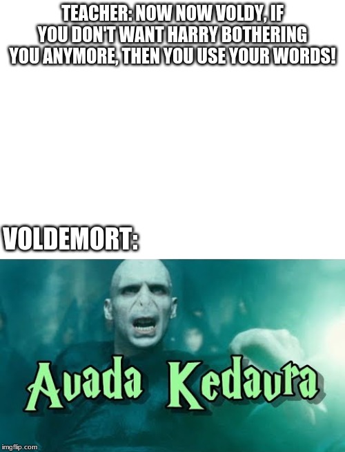 TEACHER: NOW NOW VOLDY, IF YOU DON'T WANT HARRY BOTHERING YOU ANYMORE, THEN YOU USE YOUR WORDS! VOLDEMORT: | image tagged in blank white template | made w/ Imgflip meme maker