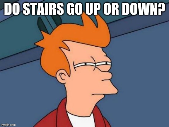 Futurama Fry | DO STAIRS GO UP OR DOWN? | image tagged in memes,futurama fry | made w/ Imgflip meme maker