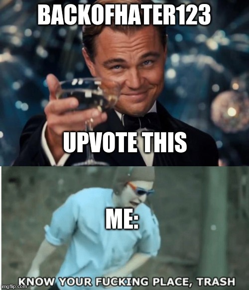 BACKOFHATER123 UPVOTE THIS ME: | image tagged in memes,leonardo dicaprio cheers,know your fucking place trash | made w/ Imgflip meme maker