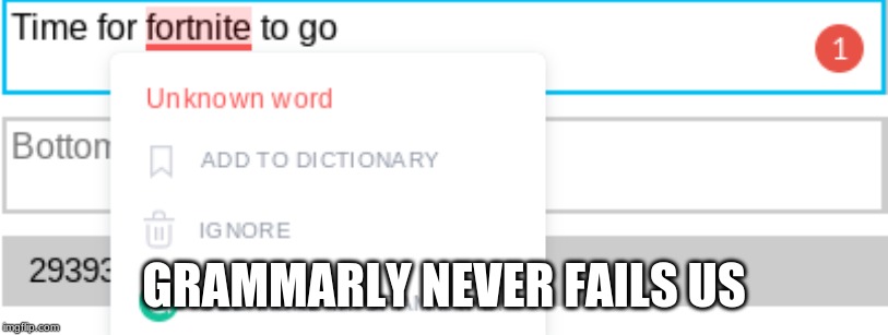 GRAMMARLY NEVER FAILS US | image tagged in fortnite meme | made w/ Imgflip meme maker