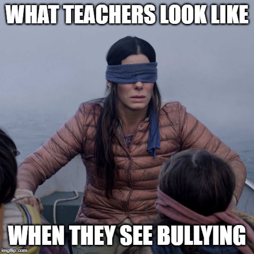 they blind | WHAT TEACHERS LOOK LIKE; WHEN THEY SEE BULLYING | image tagged in memes,bird box,bullying,funny,teachers,school | made w/ Imgflip meme maker