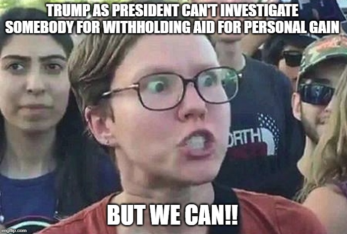 Think about it. Trump is being impeached for casually recommending investigating an action identical to what he is being accused | TRUMP AS PRESIDENT CAN'T INVESTIGATE SOMEBODY FOR WITHHOLDING AID FOR PERSONAL GAIN; BUT WE CAN!! | image tagged in triggered liberal,thinkaboutit | made w/ Imgflip meme maker