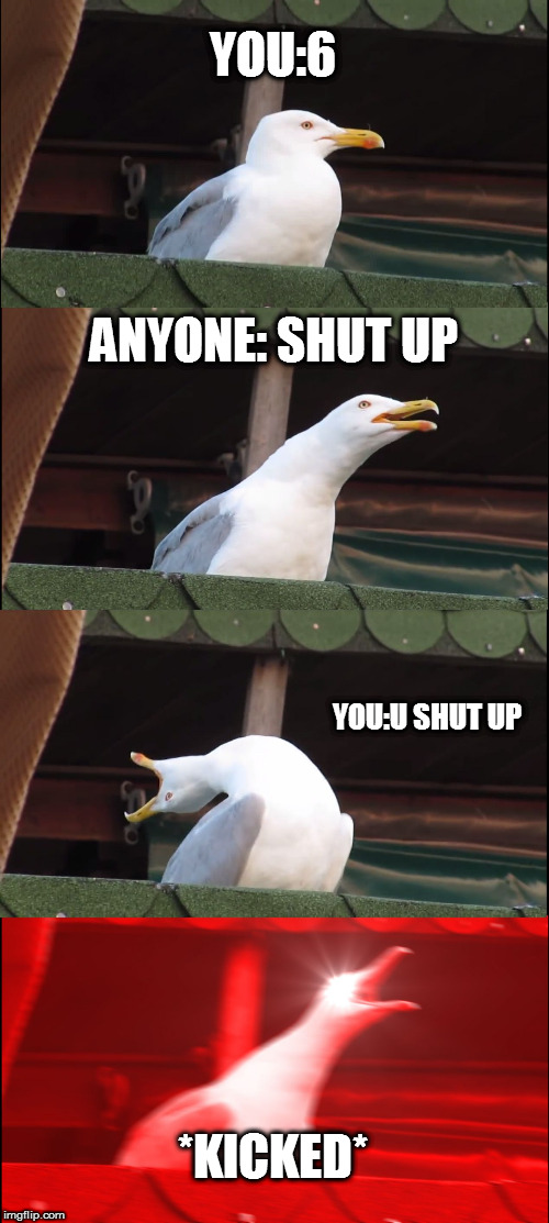 Inhaling Seagull Meme | YOU:6; ANYONE: SHUT UP; YOU:U SHUT UP; *KICKED* | image tagged in memes,inhaling seagull | made w/ Imgflip meme maker