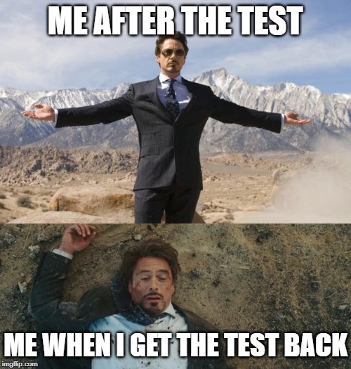 Before After Tony Stark | ME AFTER THE TEST ME WHEN I GET THE TEST BACK | image tagged in before after tony stark | made w/ Imgflip meme maker