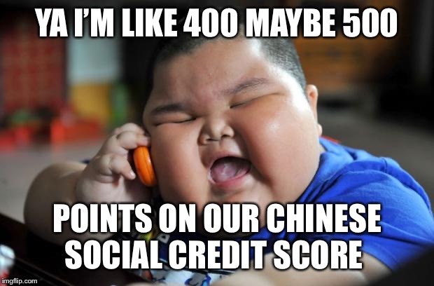 Fat Asian Kid | YA I’M LIKE 400 MAYBE 500; POINTS ON OUR CHINESE SOCIAL CREDIT SCORE | image tagged in fat asian kid | made w/ Imgflip meme maker