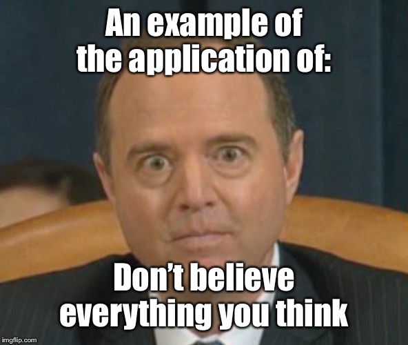 Nuff said | An example of the application of:; Don’t believe everything you think | image tagged in crazy adam schiff,impeachment,belief,own thoughts,political meme | made w/ Imgflip meme maker