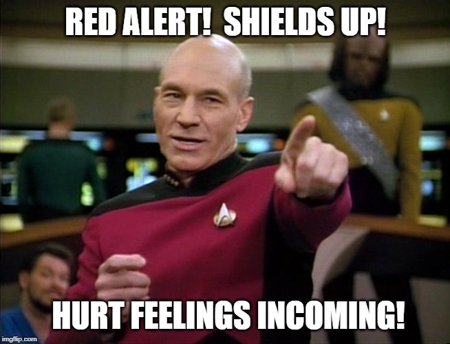 Jean Luc Pickard | RED ALERT!  SHIELDS UP! HURT FEELINGS INCOMING! | image tagged in jean luc pickard | made w/ Imgflip meme maker