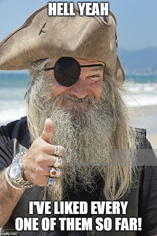 PIRATE THUMBS UP | HELL YEAH I'VE LIKED EVERY ONE OF THEM SO FAR! | image tagged in pirate thumbs up | made w/ Imgflip meme maker