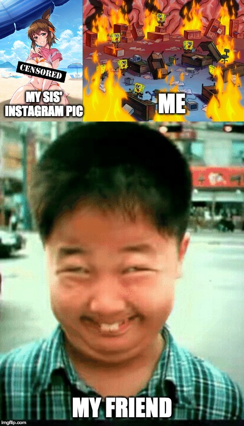 reacting to my sister's hentai pic | MY SIS' INSTAGRAM PIC; ME; MY FRIEND | image tagged in memes,alien meeting suggestion,mario kart,nsfw | made w/ Imgflip meme maker