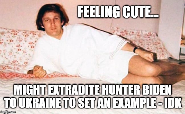 Trump Feeling Cute Might Extradite Hunter Biden to Ukraine | FEELING CUTE... MIGHT EXTRADITE HUNTER BIDEN TO UKRAINE TO SET AN EXAMPLE - IDK | image tagged in trump,biden | made w/ Imgflip meme maker