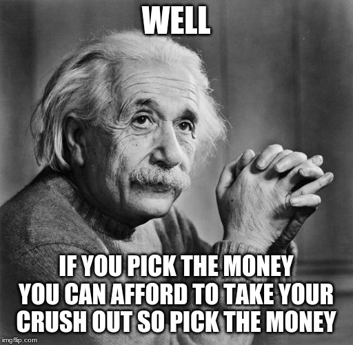 Einstein | WELL IF YOU PICK THE MONEY YOU CAN AFFORD TO TAKE YOUR CRUSH OUT SO PICK THE MONEY | image tagged in einstein | made w/ Imgflip meme maker