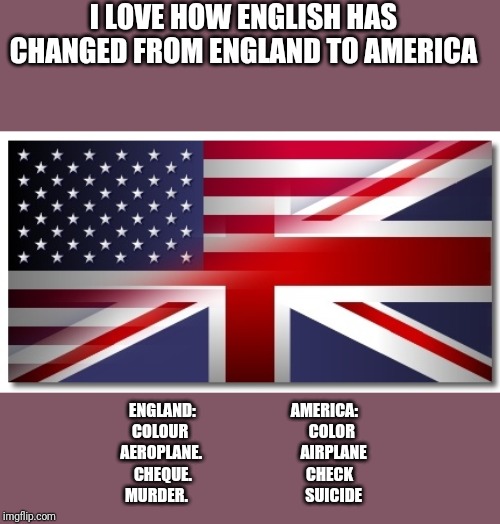 I LOVE HOW ENGLISH HAS CHANGED FROM ENGLAND TO AMERICA; ENGLAND:                              AMERICA:
COLOUR                                      COLOR
AEROPLANE.                               AIRPLANE
CHEQUE.                                    CHECK
MURDER.                                     SUICIDE | image tagged in jeffrey epstein | made w/ Imgflip meme maker