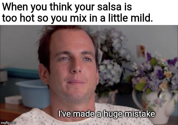 ive made a huge mistake | When you think your salsa is too hot so you mix in a little mild. I've made a huge mistake | image tagged in ive made a huge mistake | made w/ Imgflip meme maker