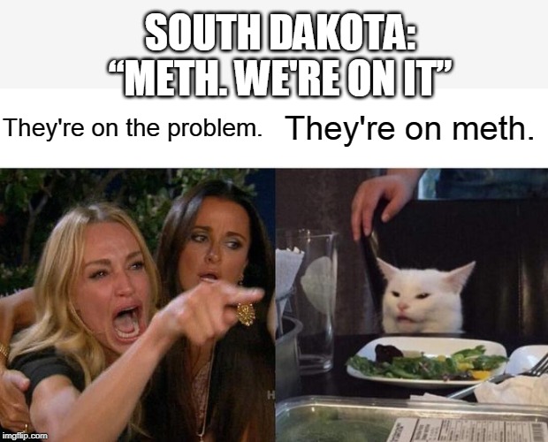 Admitting to your problem is the first step. | SOUTH DAKOTA: “METH. WE'RE ON IT”; They're on the problem. They're on meth. | image tagged in memes,woman yelling at cat | made w/ Imgflip meme maker