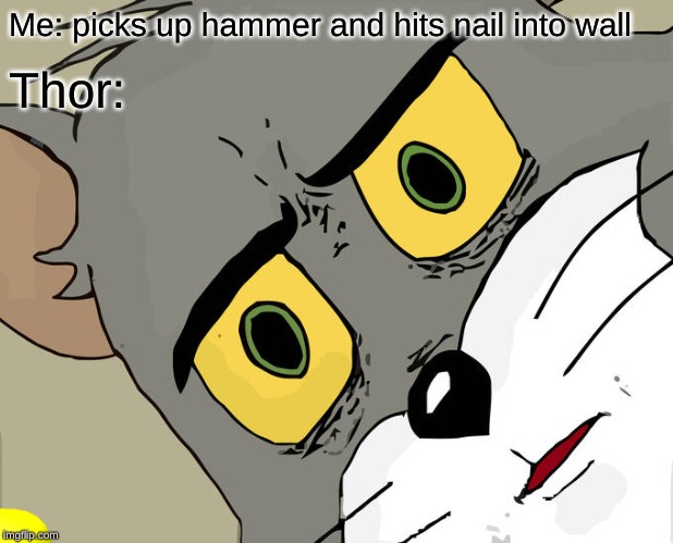 thor | Me: picks up hammer and hits nail into wall; Thor: | image tagged in memes,unsettled tom | made w/ Imgflip meme maker