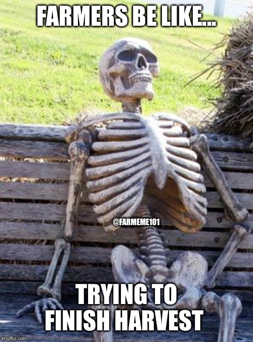 Harvest Hurry | FARMERS BE LIKE... @FARMEME101; TRYING TO FINISH HARVEST | image tagged in memes,waiting skeleton,farmer,harvest,combine,lol | made w/ Imgflip meme maker