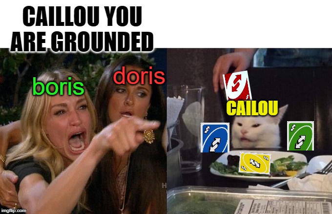 Woman Yelling At Cat | CAILLOU YOU ARE GROUNDED; doris; boris; CAILOU | image tagged in memes,woman yelling at cat | made w/ Imgflip meme maker