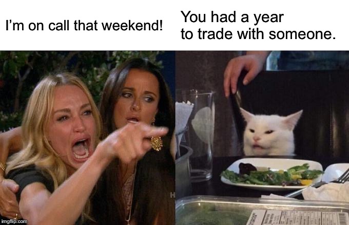 Woman Yelling At Cat | I’m on call that weekend! You had a year to trade with someone. | image tagged in memes,woman yelling at cat | made w/ Imgflip meme maker