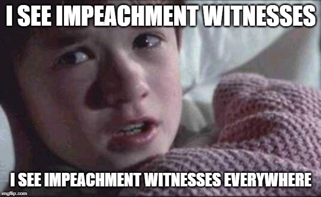 I See Dead People | I SEE IMPEACHMENT WITNESSES; I SEE IMPEACHMENT WITNESSES EVERYWHERE | image tagged in memes,i see dead people | made w/ Imgflip meme maker