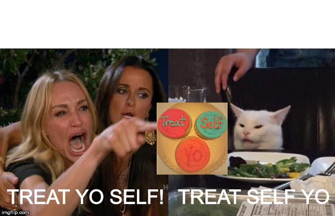 Woman Yelling At Cat | TREAT YO SELF! TREAT SELF YO | image tagged in memes,woman yelling at cat | made w/ Imgflip meme maker
