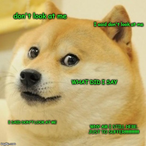 Doge | don't look at me; I said don't look at me; WHAT DID I SAY; I SAID DON'T LOOK AT ME; WHY AM I STILL HERE. JUST TO SUFFER!!!!!!!!!!!!!!! | image tagged in memes,doge | made w/ Imgflip meme maker