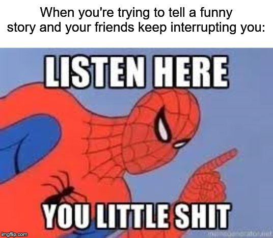 NOW LISTEN HERE YOU LITTLE SHIT | When you're trying to tell a funny story and your friends keep interrupting you: | image tagged in now listen here you little shit | made w/ Imgflip meme maker