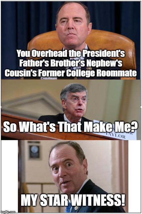 Schiff Gets a Witness | You Overhead the President's Father's Brother's Nephew's Cousin's Former College Roommate; So What's That Make Me? MY STAR WITNESS! | image tagged in donald trump,adam schiff,trump impeachment,impeach trump,trump 2020 | made w/ Imgflip meme maker