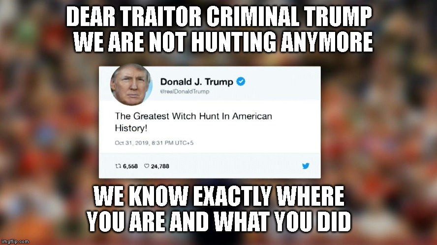 Trump Committed High Crimes and Bribery - IMPEACH THE WITCH | DEAR TRAITOR CRIMINAL TRUMP   WE ARE NOT HUNTING ANYMORE; WE KNOW EXACTLY WHERE YOU ARE AND WHAT YOU DID | image tagged in witch hunt,impeach the witch,impeach trump,impeach,impeachment,trump impeachment | made w/ Imgflip meme maker
