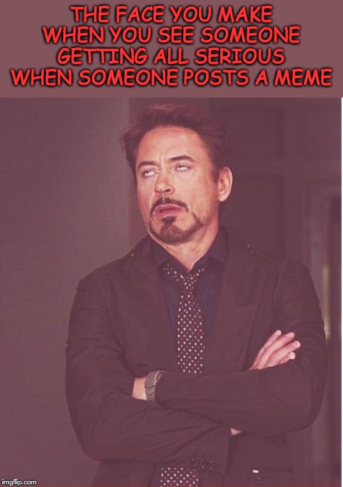 Face You Make Robert Downey Jr | THE FACE YOU MAKE WHEN YOU SEE SOMEONE GETTING ALL SERIOUS WHEN SOMEONE POSTS A MEME | image tagged in memes,face you make robert downey jr | made w/ Imgflip meme maker