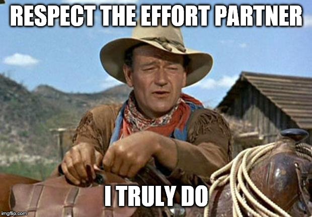 John wayne | RESPECT THE EFFORT PARTNER I TRULY DO | image tagged in john wayne | made w/ Imgflip meme maker