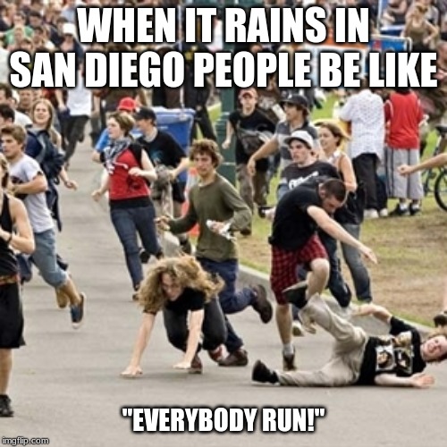 WHEN IT RAINS IN SAN DIEGO PEOPLE BE LIKE; "EVERYBODY RUN!" | image tagged in memes | made w/ Imgflip meme maker