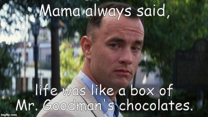 Forrest Gump | Mama always said, life was like a box of Mr. Goodman's chocolates. | image tagged in forrest gump | made w/ Imgflip meme maker
