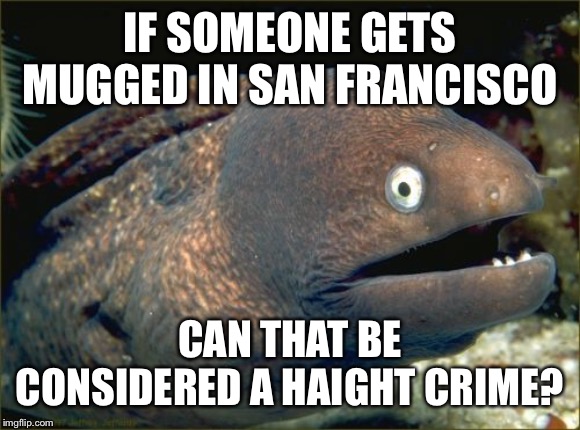 Bad Joke Eel | IF SOMEONE GETS MUGGED IN SAN FRANCISCO; CAN THAT BE CONSIDERED A HAIGHT CRIME? | image tagged in memes,bad joke eel | made w/ Imgflip meme maker