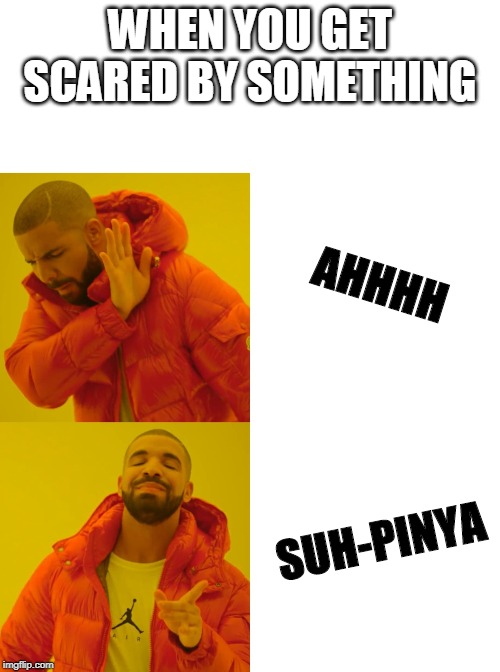 WHEN YOU GET SCARED BY SOMETHING; AHHHH; SUH-PINYA | image tagged in blank white template,memes,drake hotline bling | made w/ Imgflip meme maker