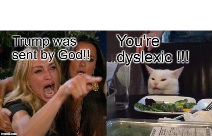 Woman Yelling At Cat | Trump was sent by God!! You're  dyslexic !!! | image tagged in memes,woman yelling at cat | made w/ Imgflip meme maker