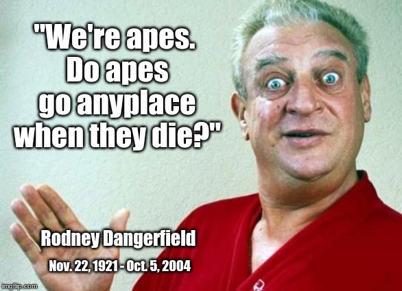Do Apes Go Anyplace When They Die? | "We're apes. 
Do apes go anyplace when they die?"; Rodney Dangerfield; Nov. 22, 1921 - Oct. 5, 2004 | image tagged in rodney dangerfield,apes,death | made w/ Imgflip meme maker