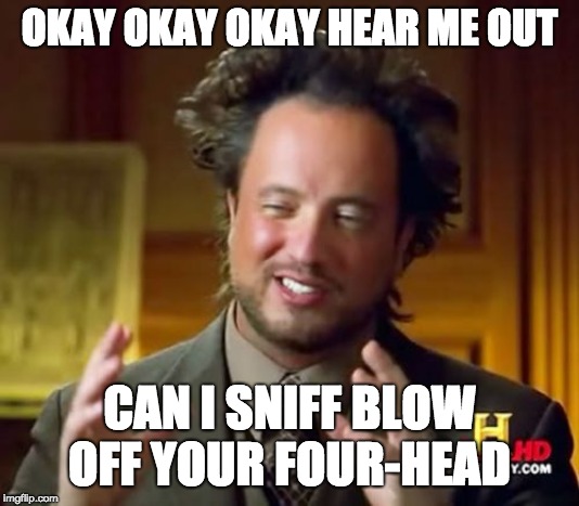 Ancient Aliens Meme | OKAY OKAY OKAY HEAR ME OUT; CAN I SNIFF BLOW OFF YOUR FOUR-HEAD | image tagged in memes,ancient aliens | made w/ Imgflip meme maker