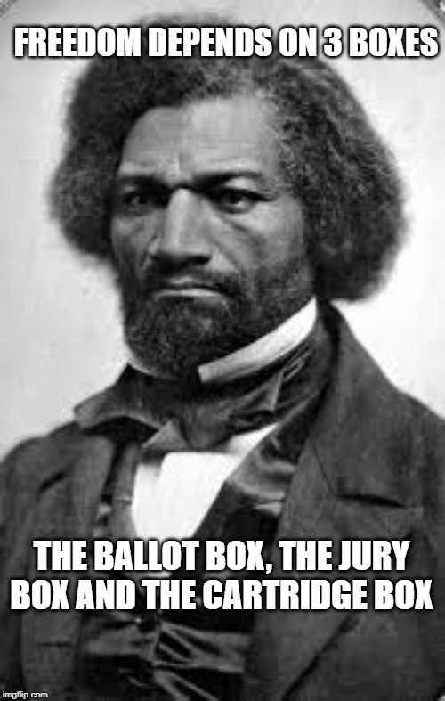 Frederick Douglass | FREEDOM DEPENDS ON 3 BOXES; THE BALLOT BOX, THE JURY BOX AND THE CARTRIDGE BOX | image tagged in frederick douglass | made w/ Imgflip meme maker