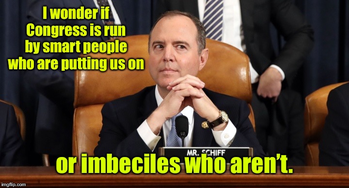 Schiff hearing | I wonder if Congress is run by smart people who are putting us on; or imbeciles who aren’t. | image tagged in schiff hearing,impeachment,imbicile,jiver | made w/ Imgflip meme maker