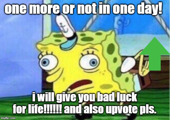 Mocking Spongebob Meme | one more or not in one day! i will give you bad luck for life!!!!!! and also upvote pls. | image tagged in memes,mocking spongebob | made w/ Imgflip meme maker