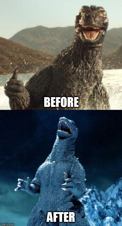 Evil Godzilla | BEFORE; AFTER | image tagged in evil godzilla | made w/ Imgflip meme maker