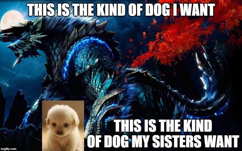 THIS IS THE KIND OF DOG I WANT; THIS IS THE KIND OF DOG MY SISTERS WANT | image tagged in monster hunter | made w/ Imgflip meme maker