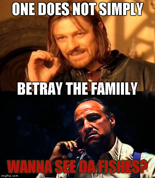 ONE DOES NOT SIMPLY; BETRAY THE FAMIILY; WANNA SEE DA FISHES? | image tagged in memes,one does not simply | made w/ Imgflip meme maker